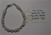 925 Handmade Rose Quartz Beaded Bracelet 7.75"