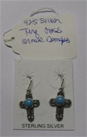 925 Silver Turquoise Cross Ornate Dangle Earrings
