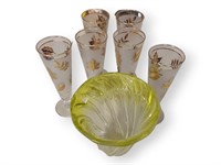 Glass Vase + (6) MCM Frosted Leaf Glasses