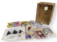 Basket of Cat Related Towels Pot Holders etc