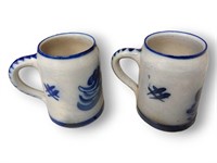 (2) Blue Paint Decorated Stoneware Mugs