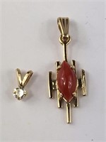 2 - 14K gold pendants red coral & diamond