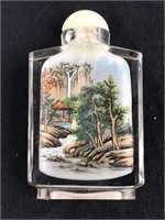 Snuff bottle reverse painted glass 3"L