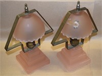 Pair Art Deco Frosted Pink Glass Boudoir Lamps