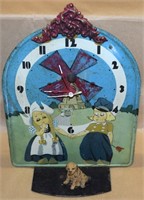 Vtg Folk Art Painted Metal Mantle Clock Dutch &Dog