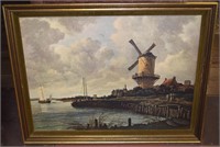 Vtg Old World Art Gall Framed Dutch Windmill Print