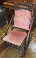 Antique Carved Wood & Upholstered Rocking Chair