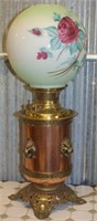 Antique Lion Head Brass & Copper Conv Oil Lamp