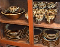 Large Vtg USA Pottery Brown Drip Glaze Dinnerware