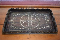 Vtg Inlaid Mother of Pearl Handled Wood Svc Tray