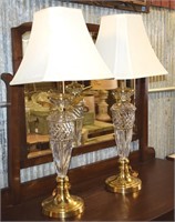 Pair Vtg Cut Lead Crystal & Brass Accent Lamps