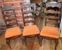 (3) Vtg Floral Carved Ladderback Dining Chairs