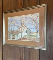 Original watercolor, country church in the fall