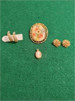 Vtg Cameo Pendant, HP Enamel Brooch & Earring Sets
