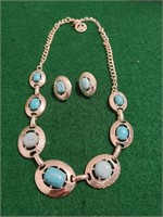 Trifari SP Turquoise Necklace & Earring Set