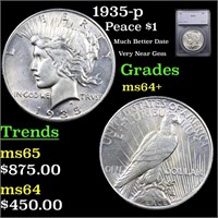 1935-p Peace Dollar $1 Graded ms64+ BY SEGS