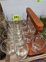 LOT CLEAR ETCHED GLASS TUMBLERS W/ CARRIER
