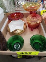 FLAT OF COLORED GLASS ITEMS- COMPOTES