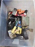 Tote of miscellaneous tool items including a