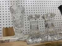GLASS CANDLESTICKS & 6" VASE