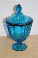 VINTAGE BLUE/TURQ. COVERED FOOTED DISH