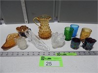 Fenton swan, candleholders, pitchers, small cup gl