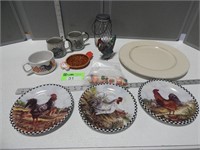 Rooster plates, salt & pepper shakers, metal roost