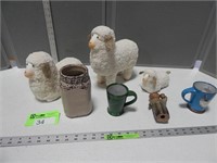 Sheep figurines, painted jar, figurine and chicken