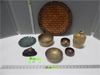 Platter, brass bowls, decorative vase, plate/wall