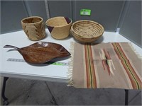 Woven baskets, metal leaf tray and a woven mat
