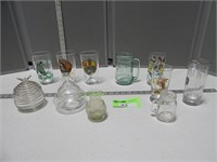 Collector glasses, honey jar and small vase