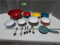 Enamelware bowls, Rogers spoons and crumb catcher