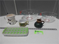 Pyrex mixing bowls, ice cube trays, measuring cup,