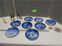 Collector plates, deer candleholders, bell and a f