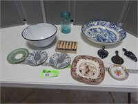 Enamelware bowl, Ball jar, cast iron trivets, Roge