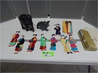 Elephant figurines, paper dolls, chop sticks and w