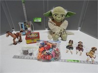 Cinderella lunch box, Star Wars stuffed toy, bag o