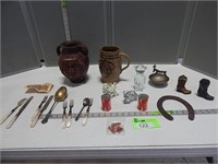 Clay pitcher and vase, horseshoe, flatware pieces,