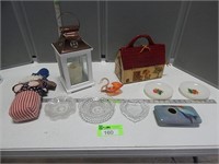 Candle lantern, wooden purse item, flower frog, gl