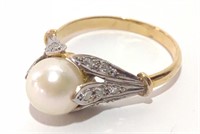 14K Gold Pearl & Diamond Art Deco Ring