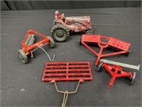 Vintage play set tractor w four implements metal