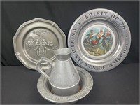 Collectible pewter plates bowl & pitcher