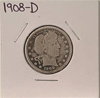 US 1908D silver Barber quarter
