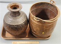 Hammered Vase; Copper Barrel & Tray