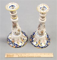 Pair Candlesticks Continental Faience Pottery