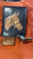 COPPER  HORSE PICTURE, 5 IN HORSE AND LIDDED