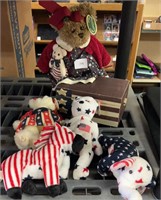 Group of patriotic plushes, and wood box