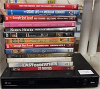 LG, blu-ray, DVD player and group of DVDs