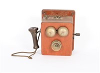 Antique Oak/ Brass Crank Wall Telephone