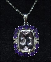 Sterling Silver Purple & White Stone Pendant Neck